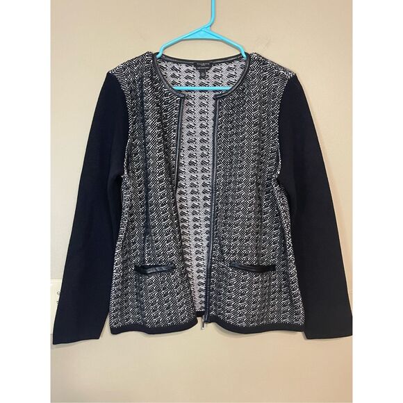 Talbots Pure Italian Merino Wool Zip Sweater Black White Petite Large - Picture 9 of 14